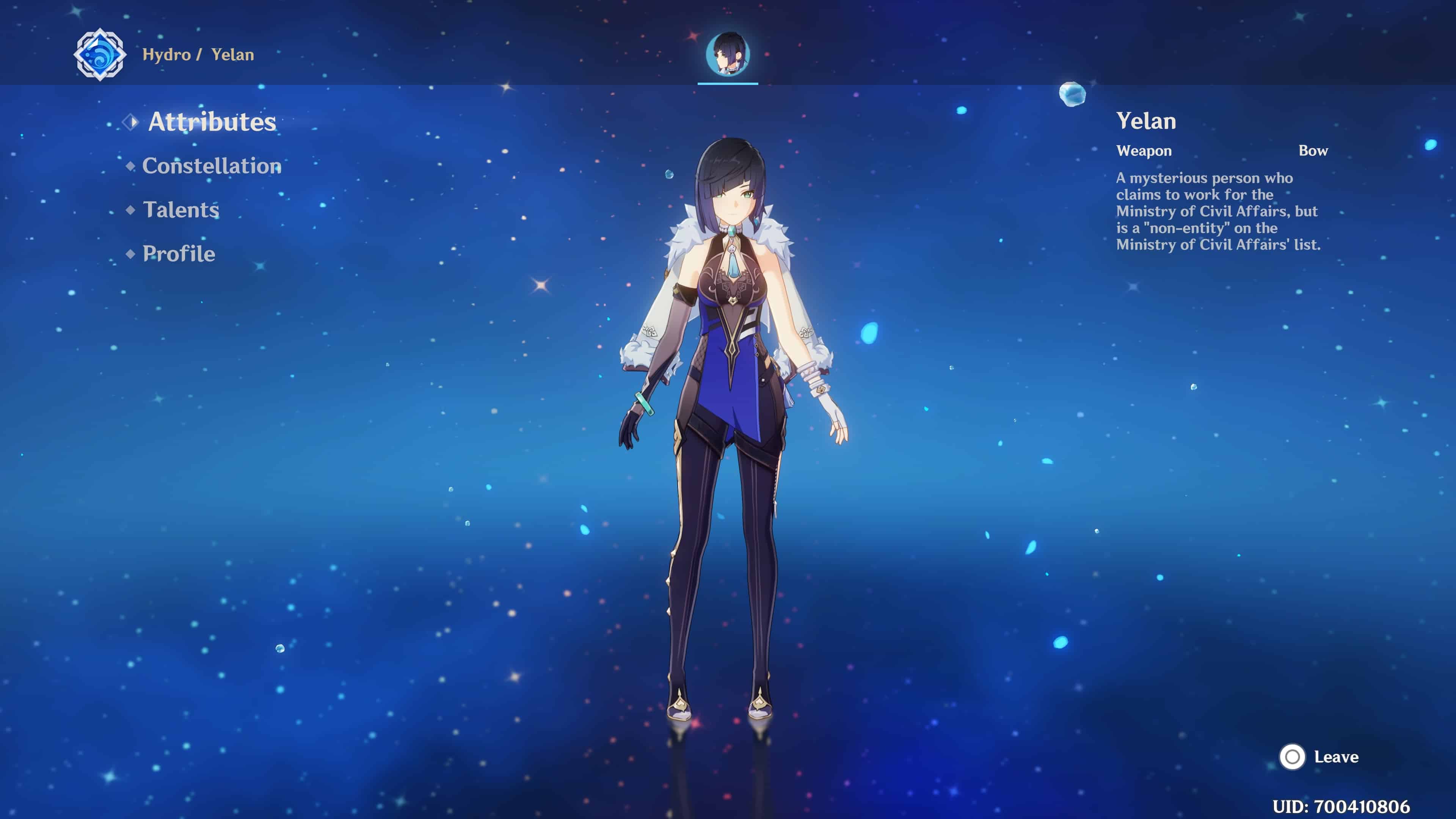 Yelan in the character menu in Genshin Impact
