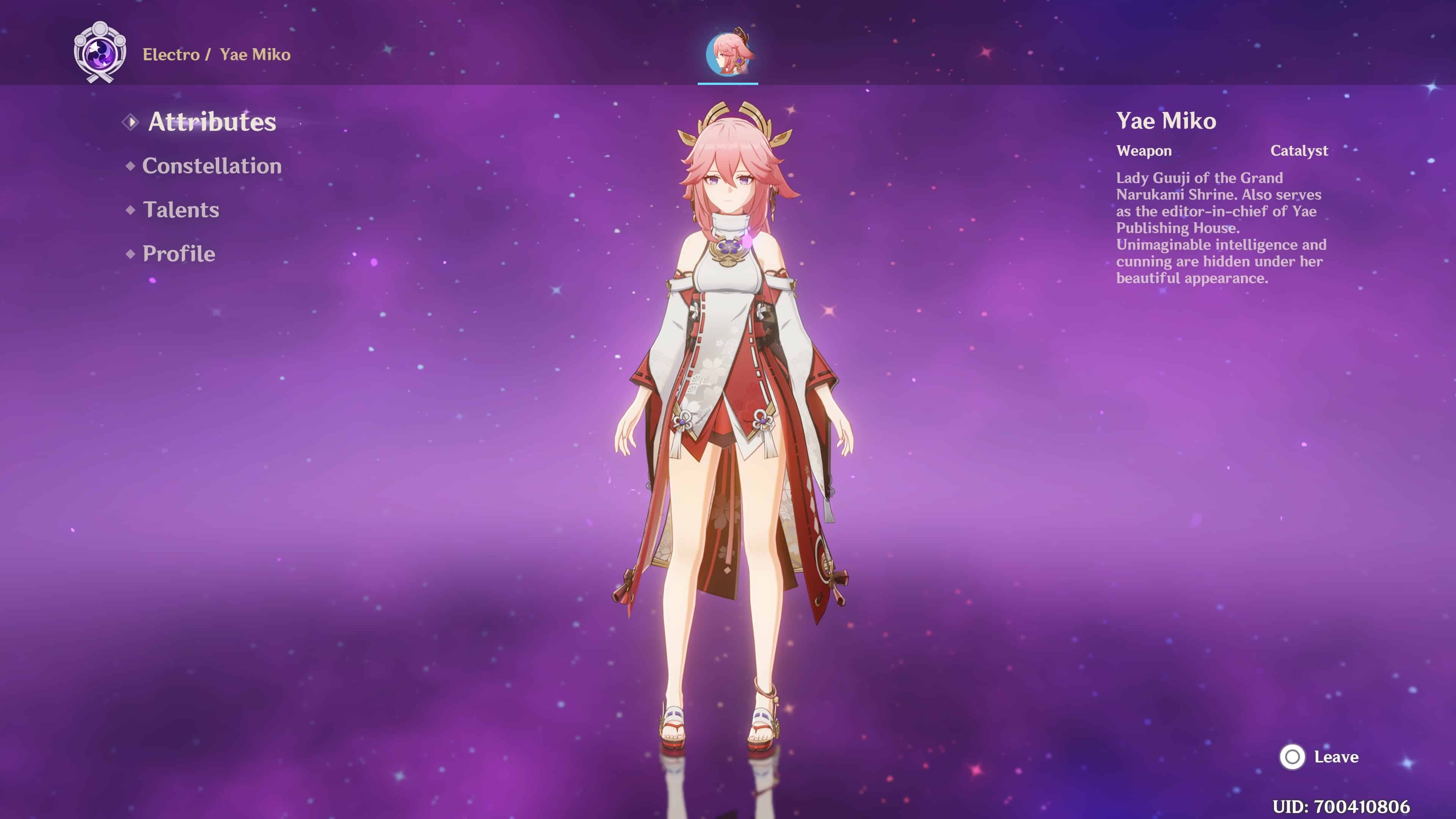 Yae Miko in the character menu in Genshin Impact