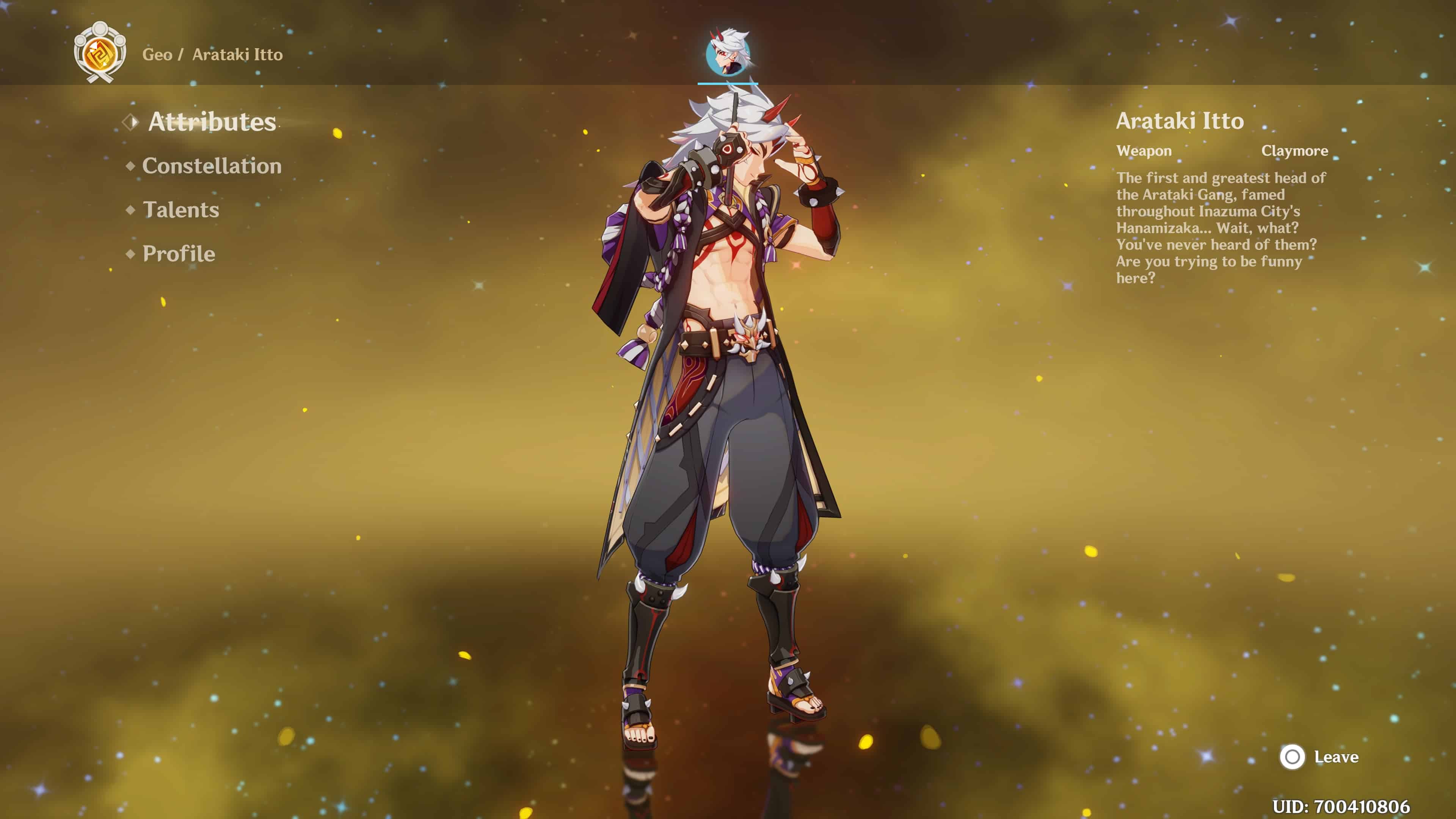 Itto performing an idle animation in the character menu in Genshin Impact.