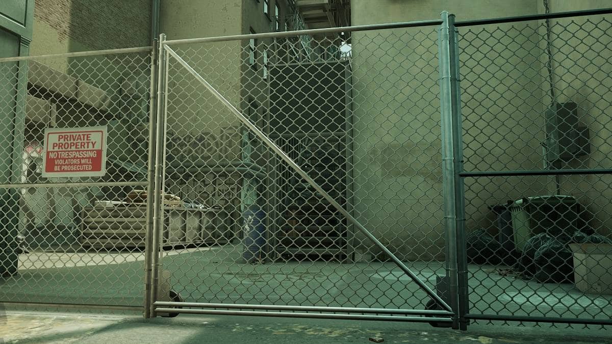 A chain link fence with a sign in Payday 3