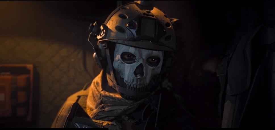 One of the MW3 characters, a skeleton, can be seen wearing a helmet in a dark room.