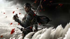 A digital artwork of a samurai in armor holding a sword, inspired by the game Ghost of Tsushima, standing in a field of white feathers with red leaves swirling in the air.