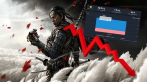 A warrior reminiscent of Ghost of Tsushima stands in focus on the left in a field of white grasses, while a declining red arrow and a bar graph showing a drop in statistics are overlaid on the right side of the image.
