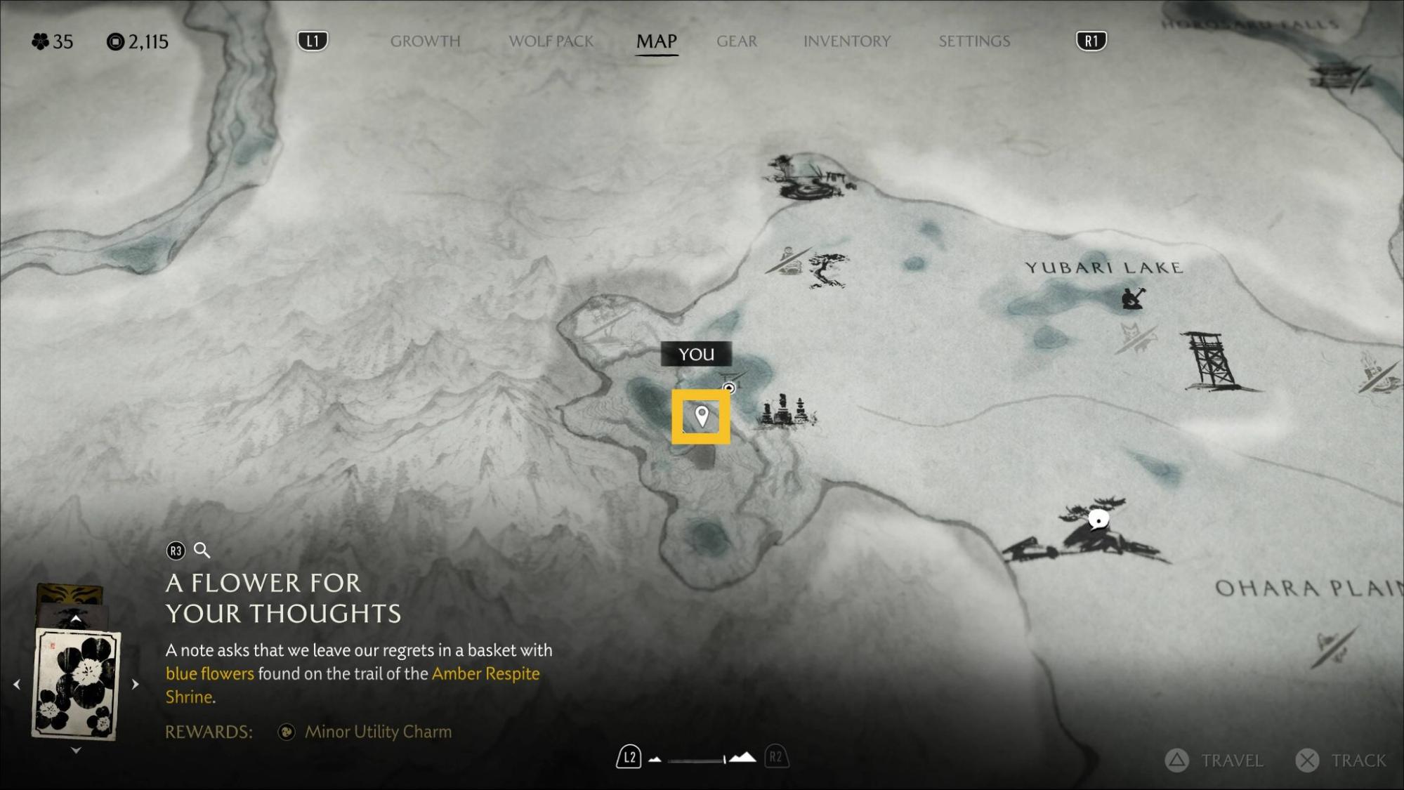 Map showing the location of the first flower near the Amber Respite Shrine for the A Flower for Your Thoughts quest in Ghost of Yotei