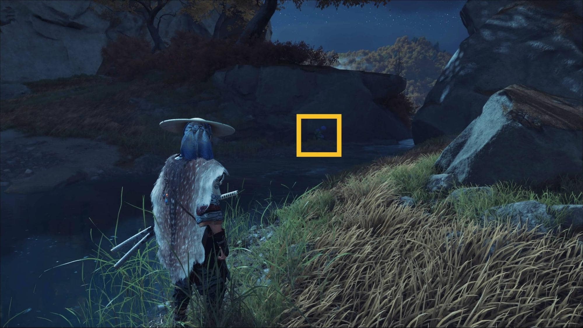 Player spotting the second blue flower near a stream below the Amber Respite Shrine in Ghost of Yotei