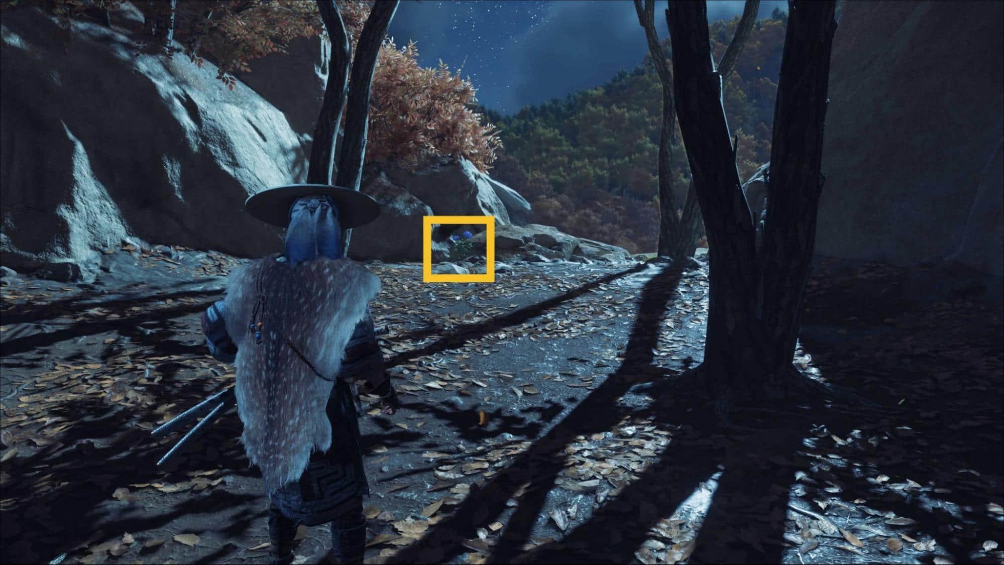 Player discovering the third blue flower near a cliffside path at night in Ghost of Yotei’s A Flower for Your Thoughts quest