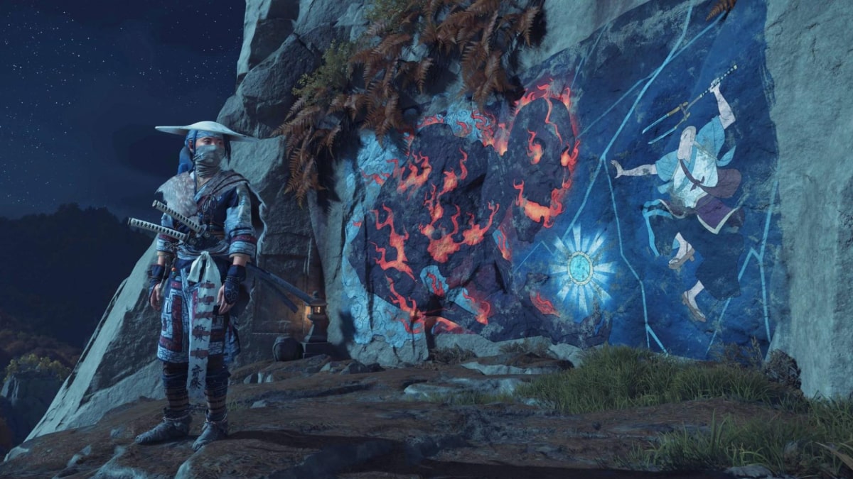 Player beside a mural of a warrior and fire beast in Ghost of Yotei’s A Flower for Your Thoughts quest