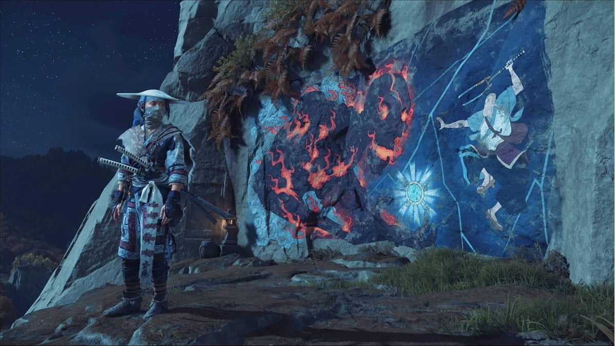 Player beside a mural of a warrior and fire beast in Ghost of Yotei’s A Flower for Your Thoughts quest