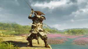 Warrior wearing the Armor of the Undying preparing to strike in Ghost of Yotei