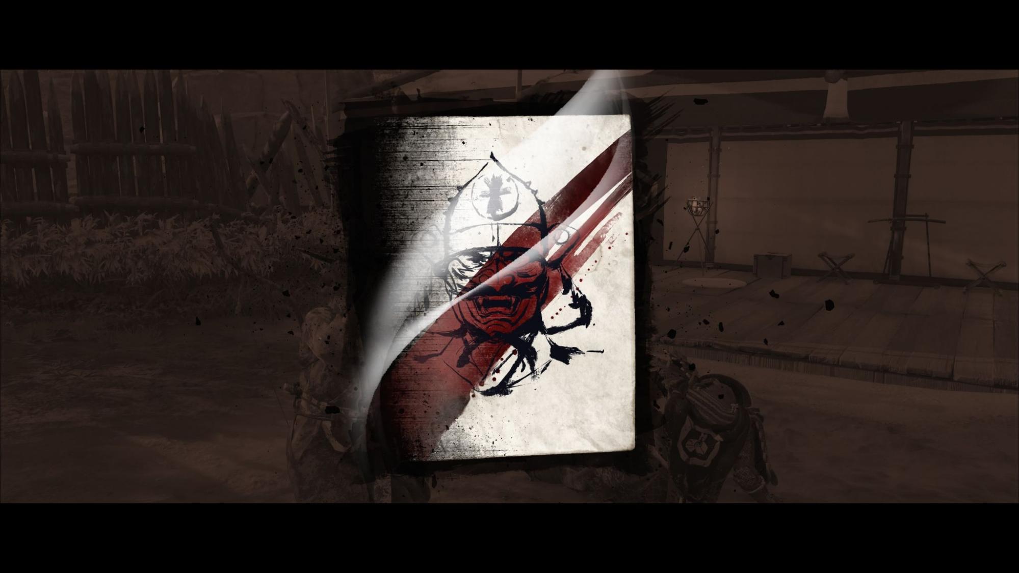 Bounty mission screen in Ghost of Yotei showing a parchment with a red and black samurai mask, symbolizing one of the Yotei Six targets