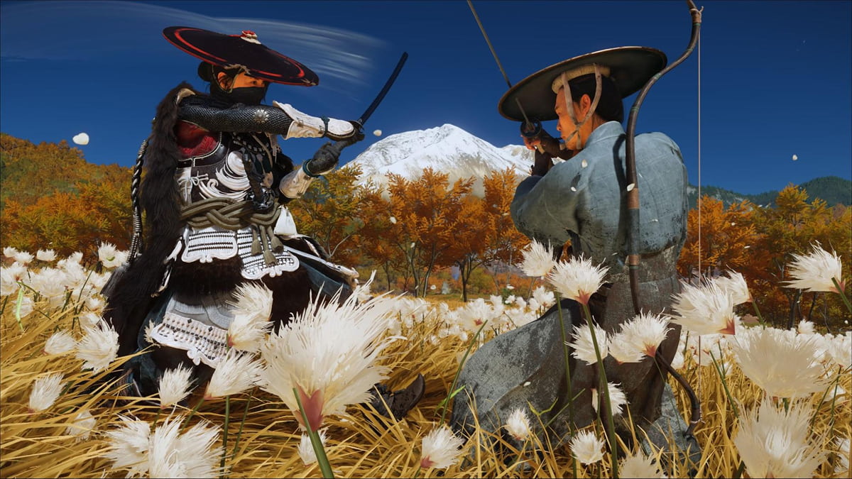 Atsu faces an enemy in a tense sword duel amid autumn fields in Ghost of Yotei