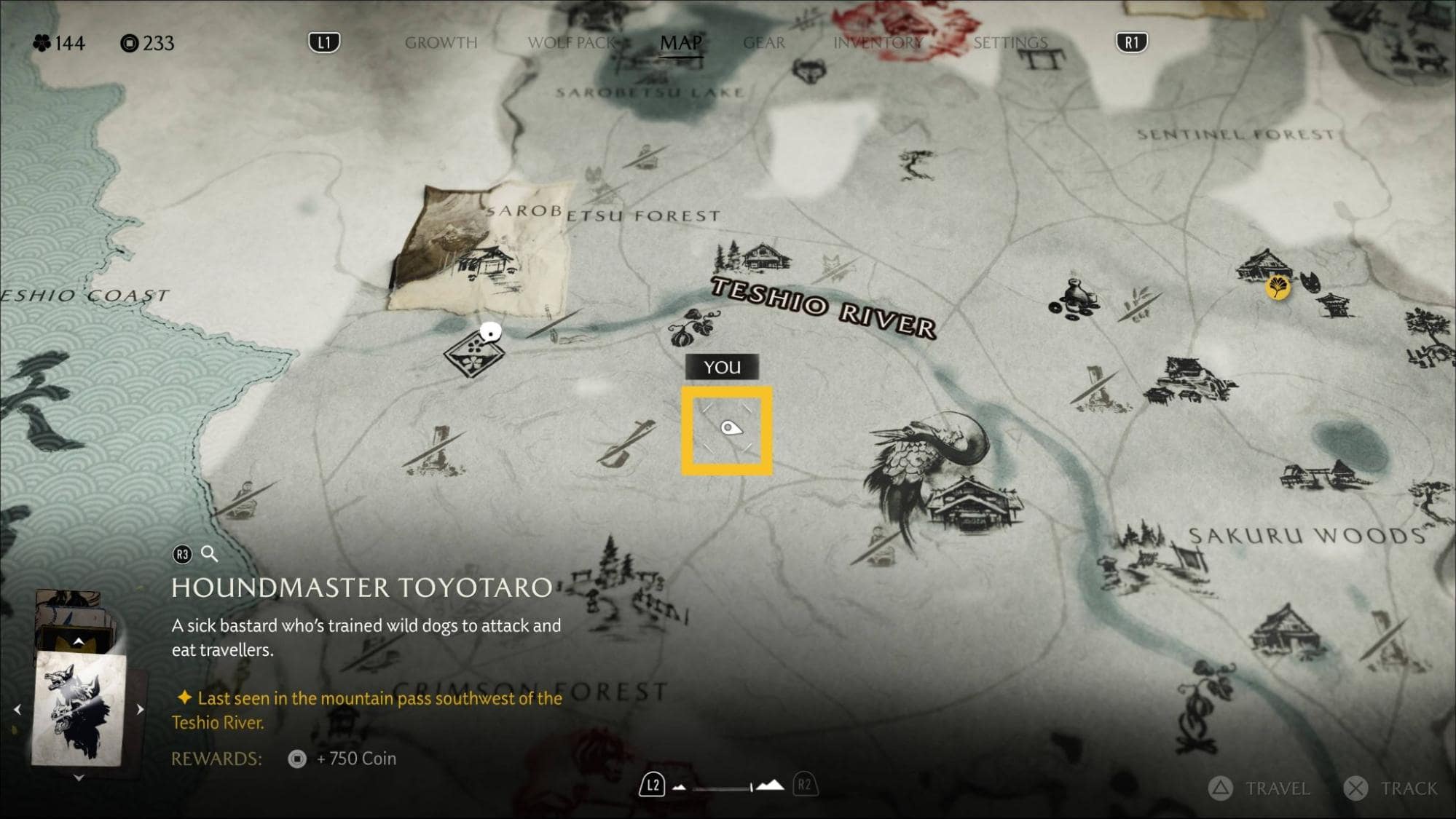 A game map features the Teshio River and nearby regions with icons indicating locations and objectives