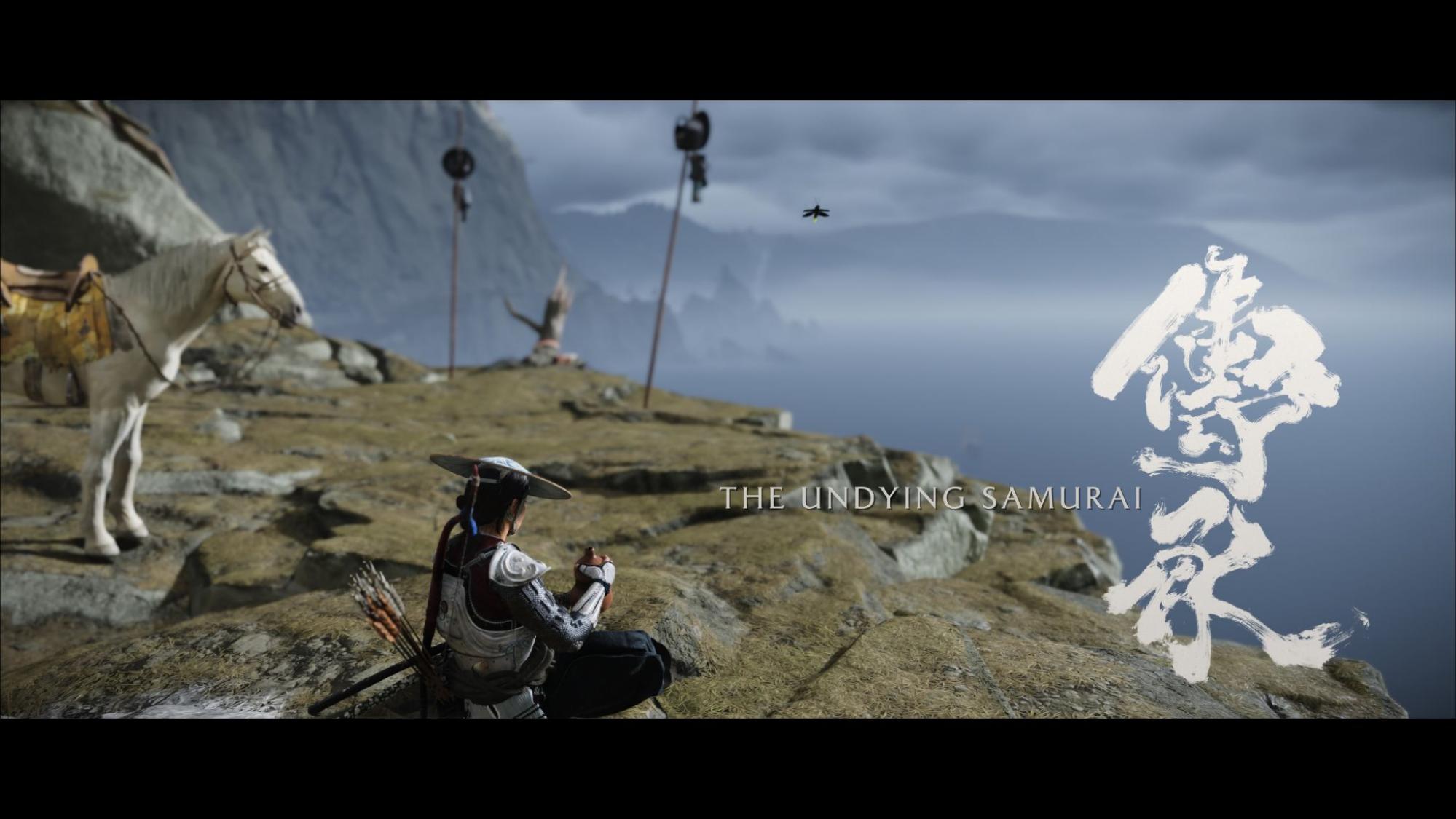 Cinematic from Ghost of Yotei Myths quest 'The Undying Samurai', showing Atsu sitting on a cliff with his horse nearby overlooking the sea.