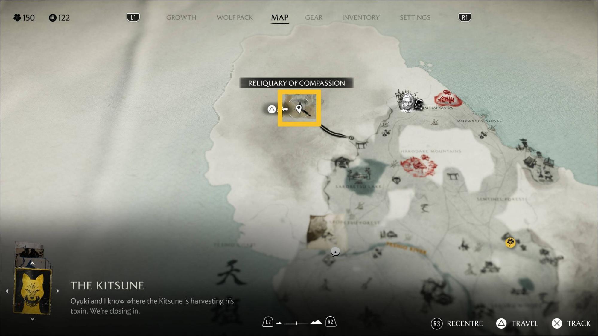 Ghost of Yotei Video game map interface showing a region labeled 