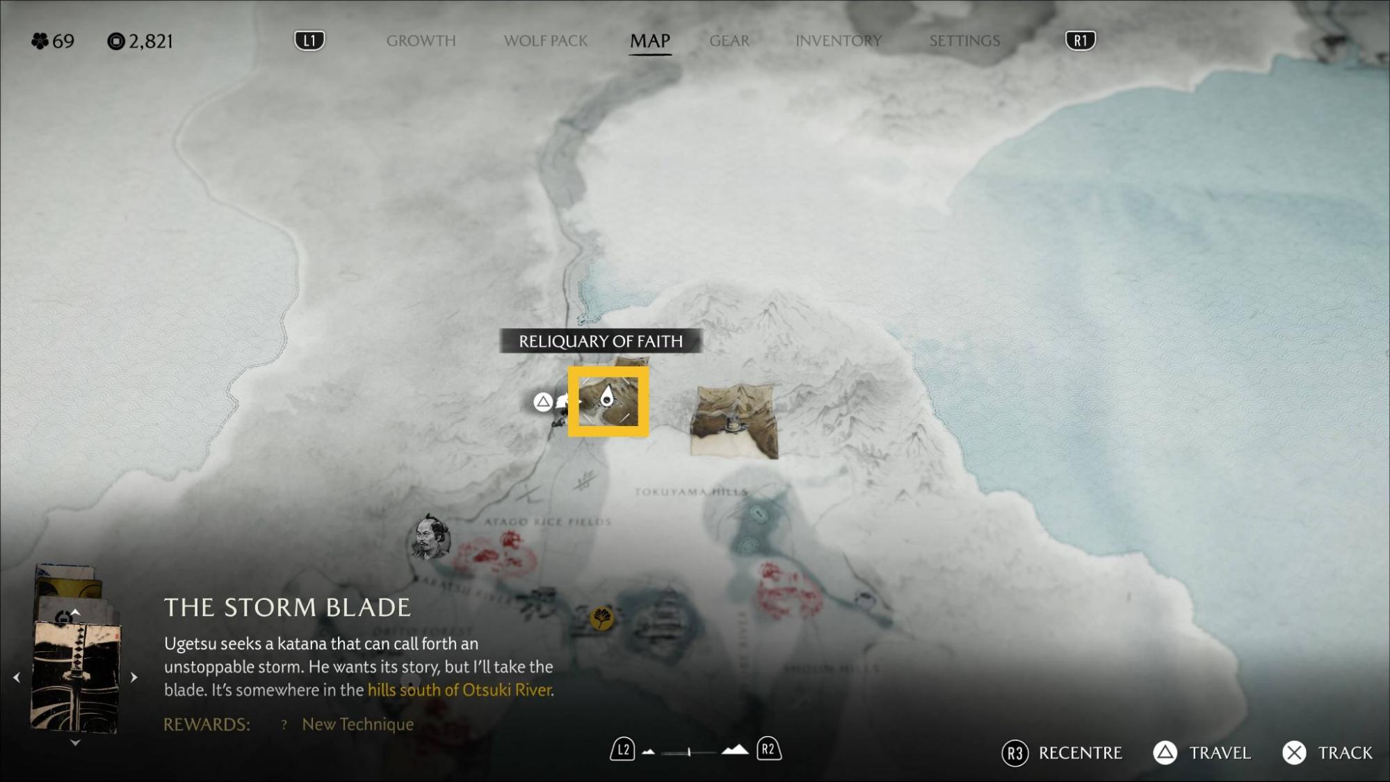 Ghost of Yotei map screen showing a quest titled 
