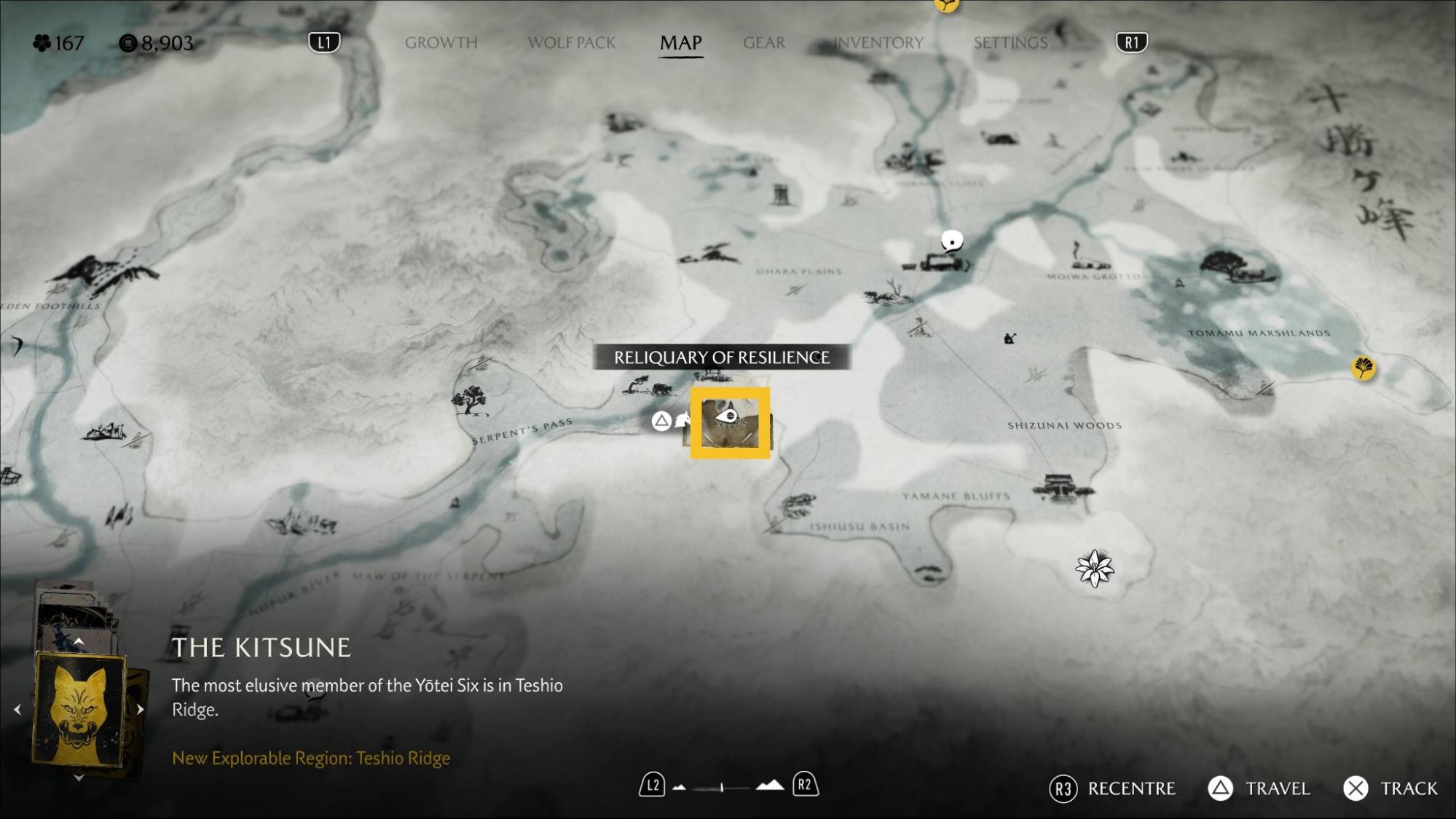Ghost of Yotei map interface showing The Kitsune quest location in Teshio Ridge