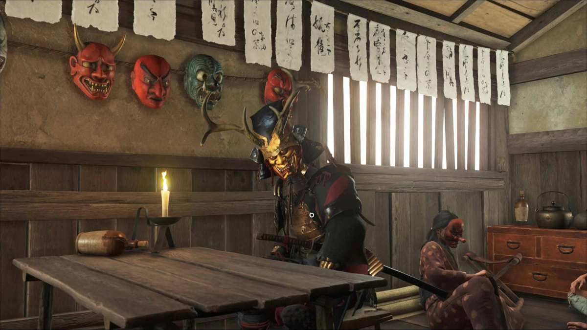 The Oni Raider wearing a horned mask sits in Oni’s Breath Inn from Ghost of Yotei during the riddle challenge scene