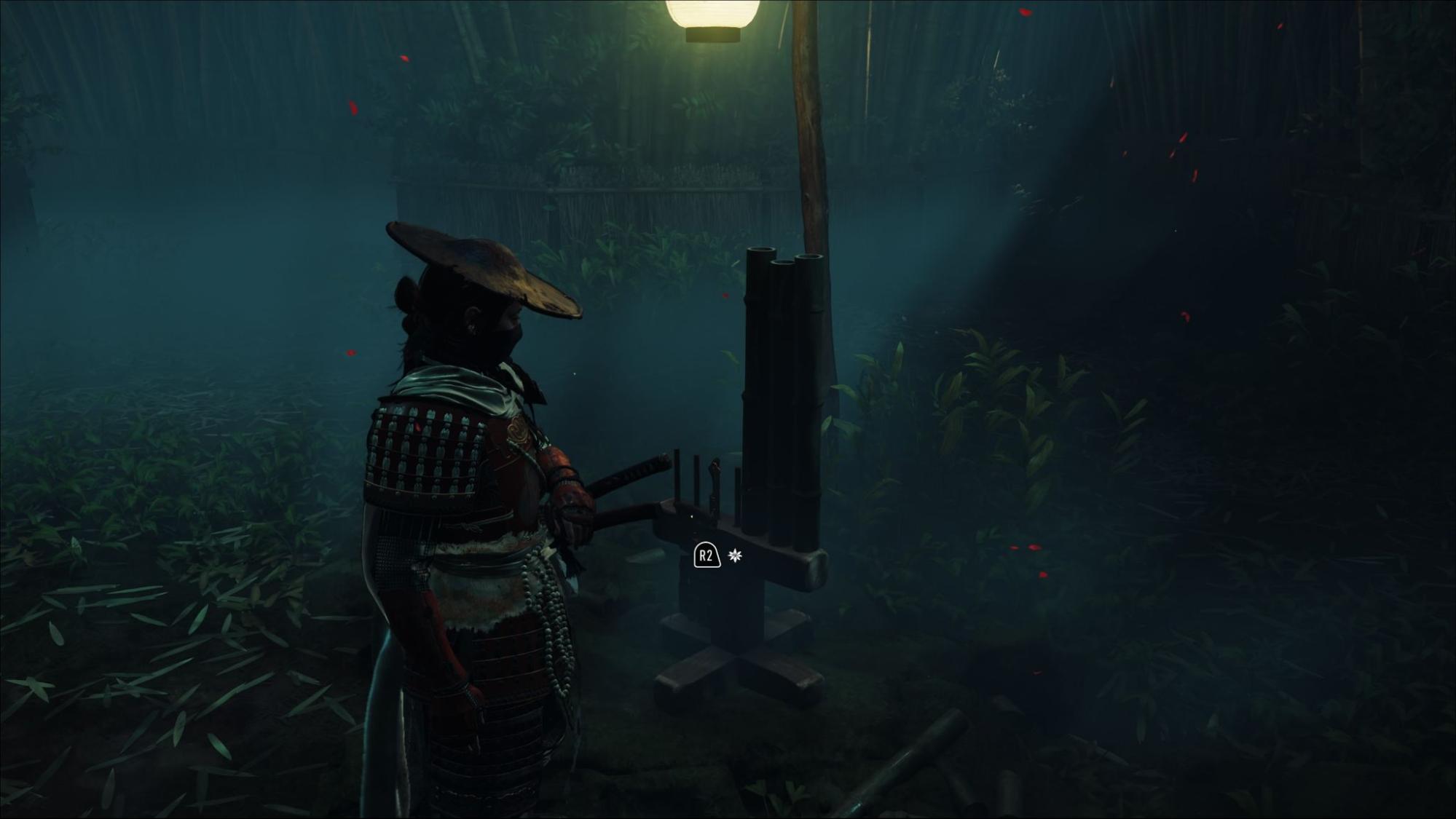 Samurai interacting with a Bamboo Strike in the Ghost of Yotei Spider Lily General maze, surrounded by mist and bamboo trees