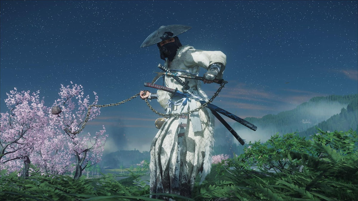 Character using a kusarigama under cherry blossoms in Ghost of Yotei