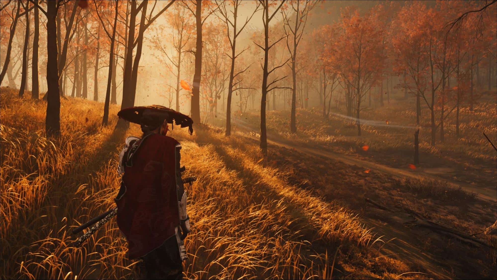 Hero explores an autumn forest in Ghost of Yotei