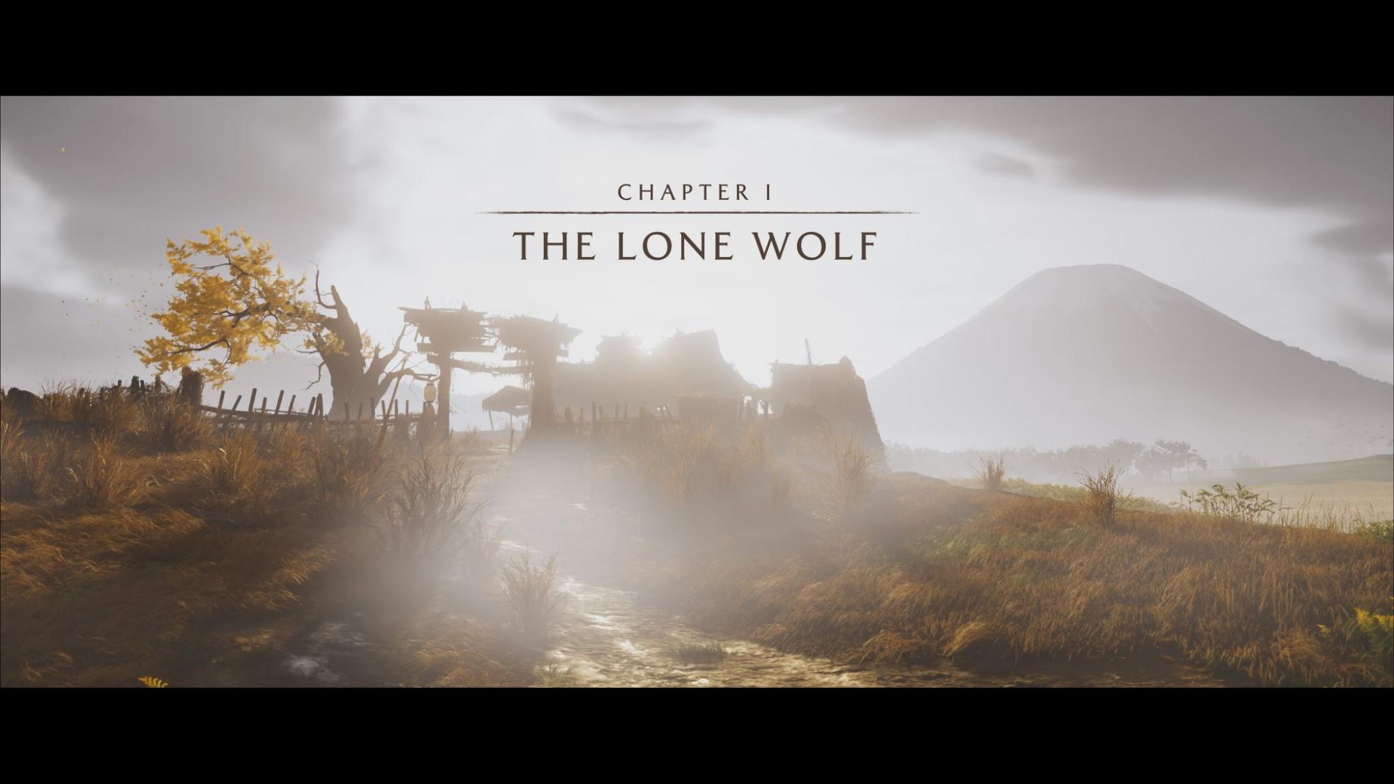Ghost of Yotei cinematic introducing Chapter 1: The Lone Wolf, showing ruins of a wooden gate in a misty field with Mount Yotei in the distance.