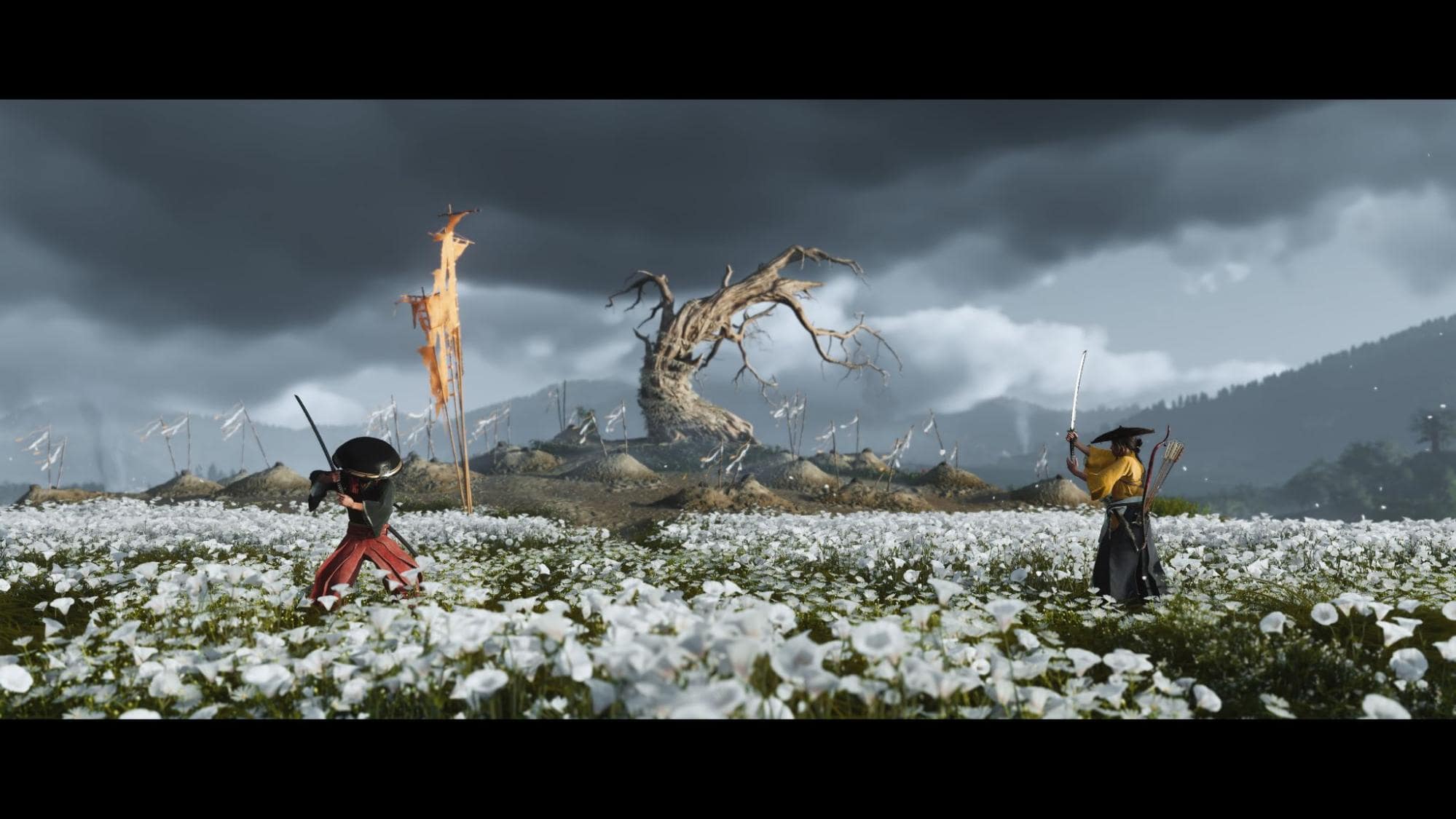 Two warriors duel in a white flower field under stormy skies in Ghost of Yotei