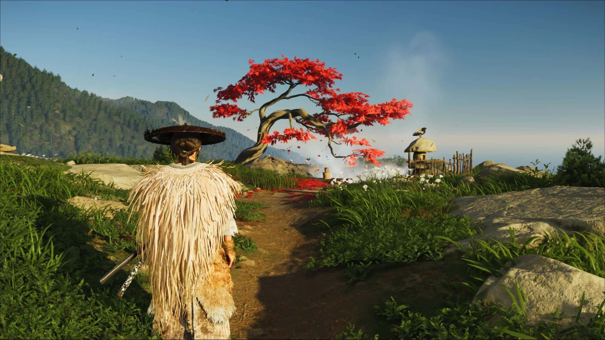 Warrior approaches a striking red maple tree in Ghost of Yotei
