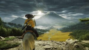 Atsu rides toward Mount Yotei across open fields in Ghost of Yotei