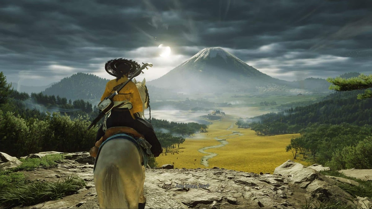 Atsu rides toward Mount Yotei across open fields in Ghost of Yotei