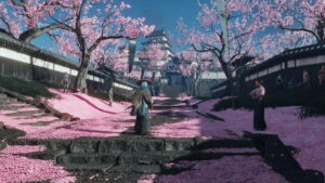 A samurai walks along a cherry blossom-covered path leading to a Japanese castle in Ghost of Yotei