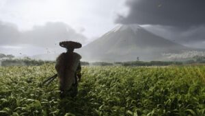 Lone warrior gazing at a misty mountain in Ghost of Yotei