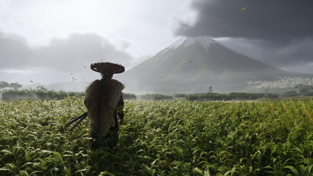 Lone warrior gazing at a misty mountain in Ghost of Yotei