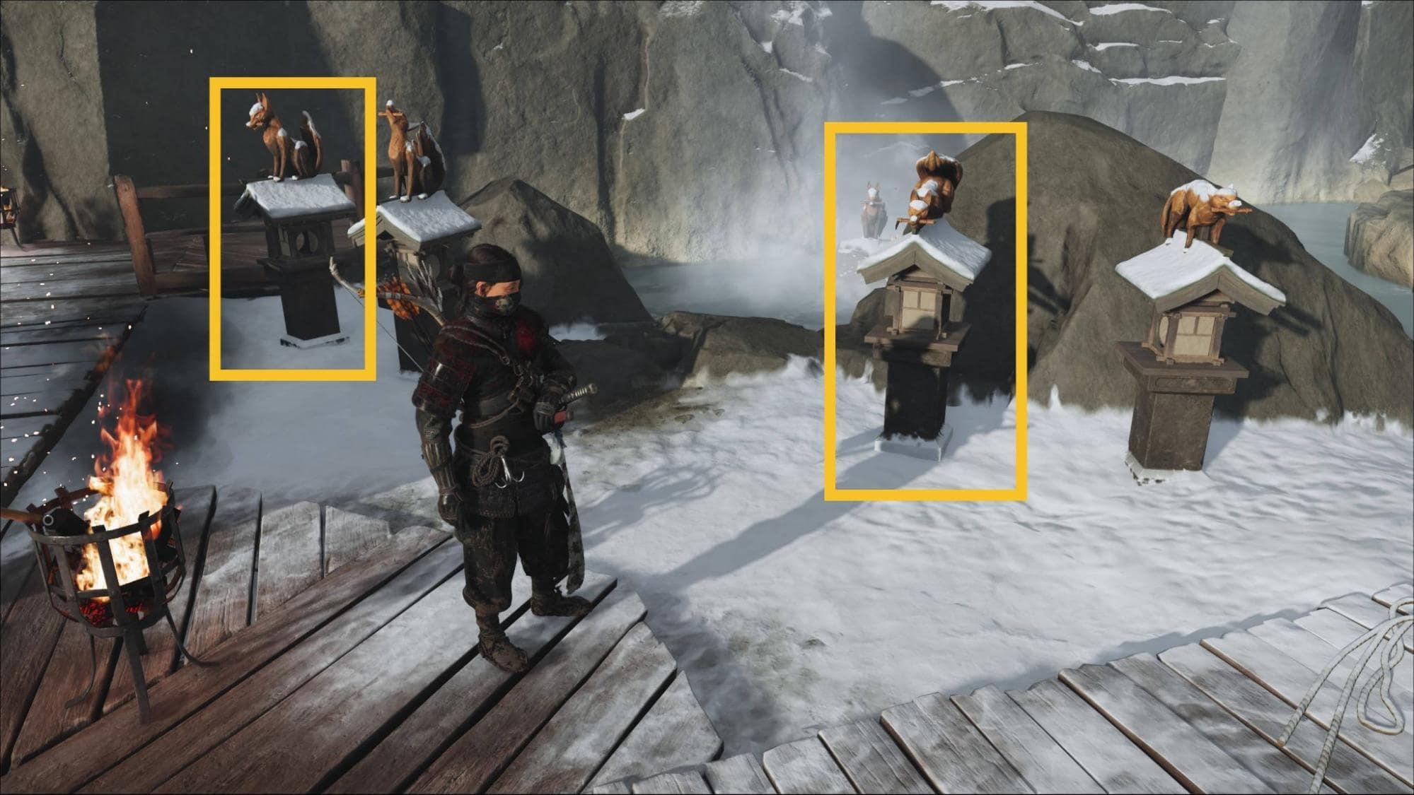 Player stands near fox lanterns at the Ghost of Yotei Snow Drift Springs Hideout, with two correct lanterns marked in yellow