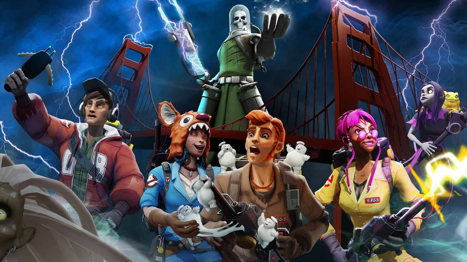 A group of characters standing in front of the golden gate bridge.