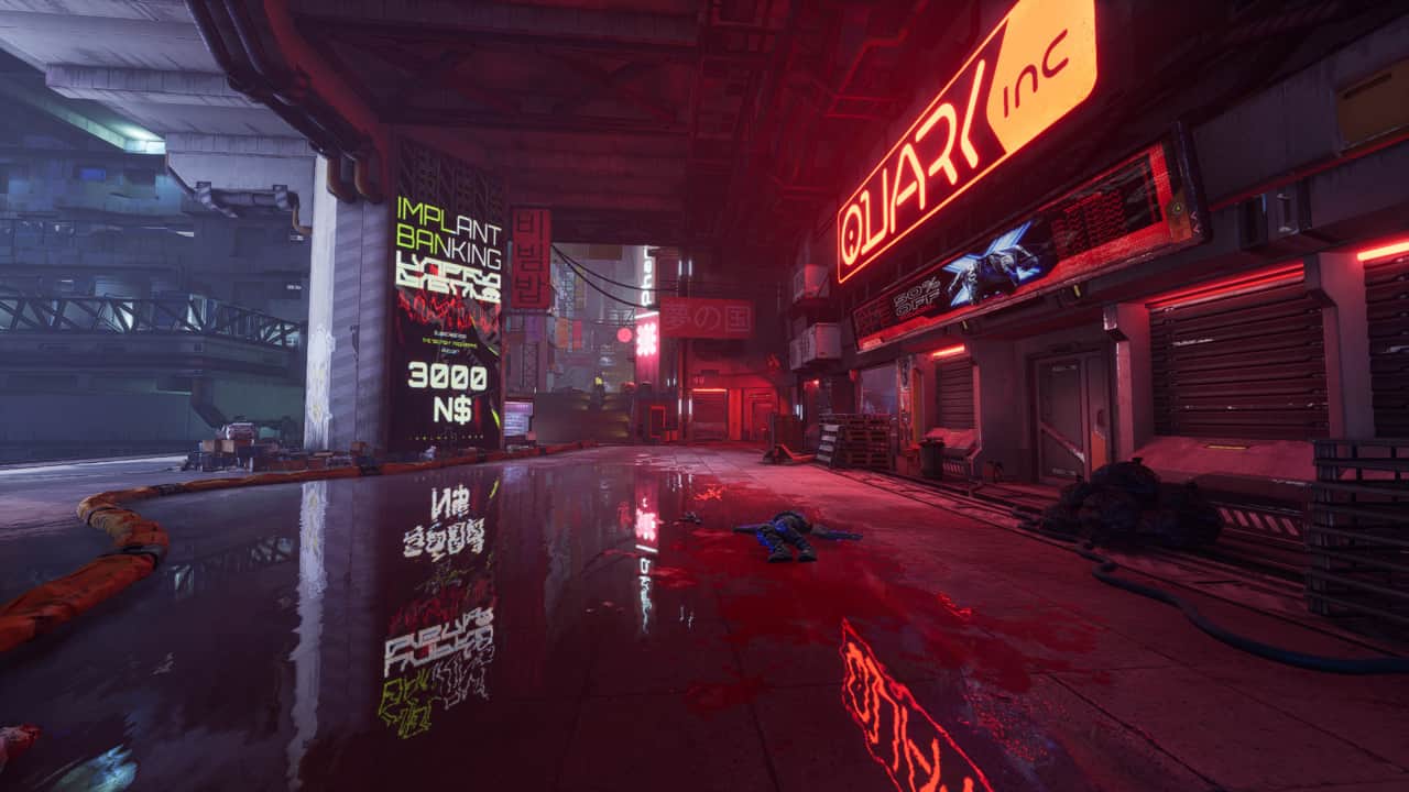 Ghostrunner 2 review: cyberpunk alley with neon signs.