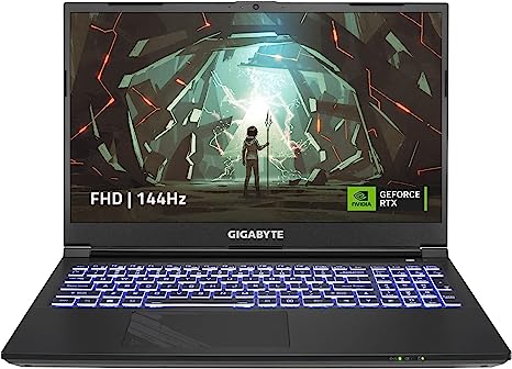 A Gigabyte G5 KF laptop with a black screen and a video game on it.