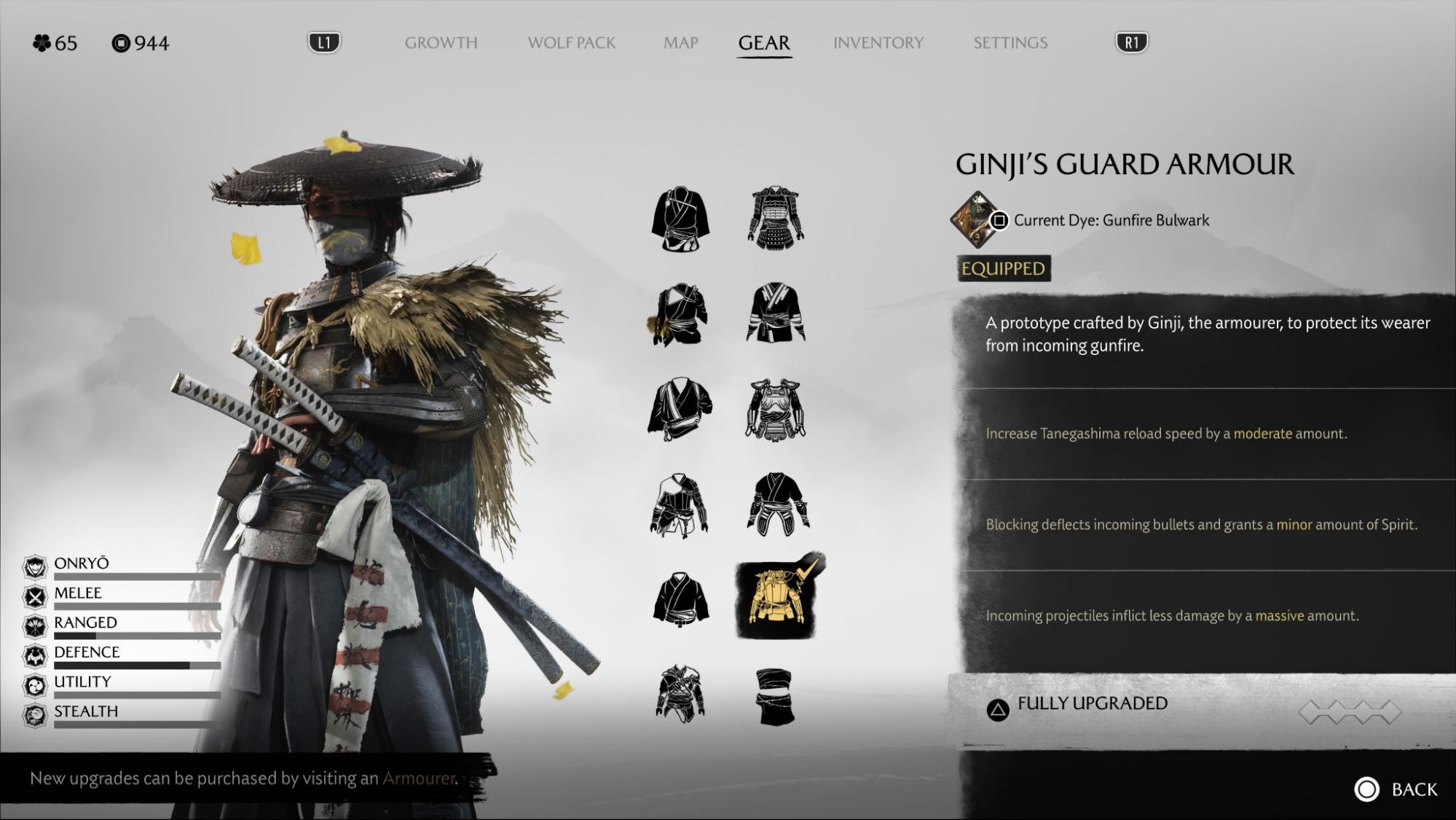Character equipped with Ginji’s Guard Armor offering bullet defense in Ghost of Yotei