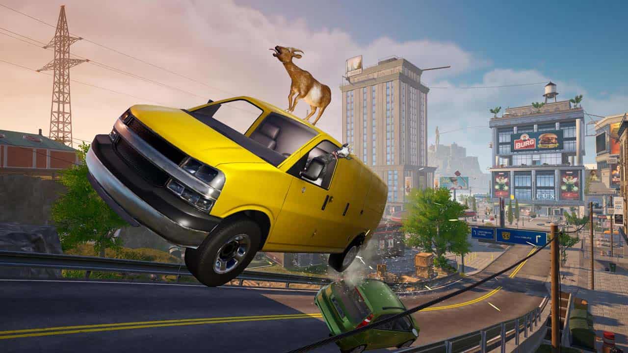 A yellow van with a goat on top of it is flying over a city in Goat Simulator 3 mobile.