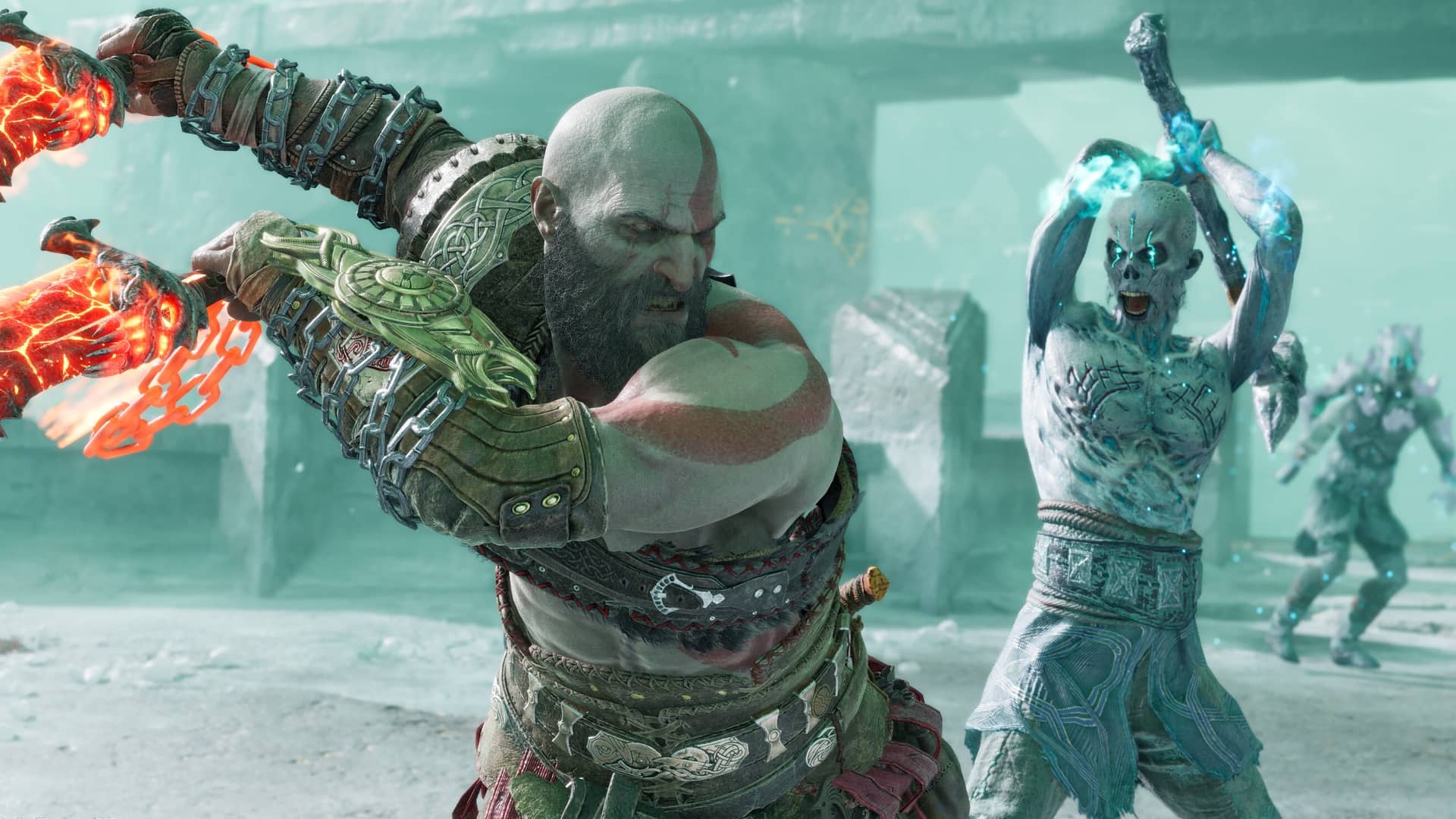 Kratos wielding the Blades of Chaos against icy Draugr enemies in God of War Ragnarök