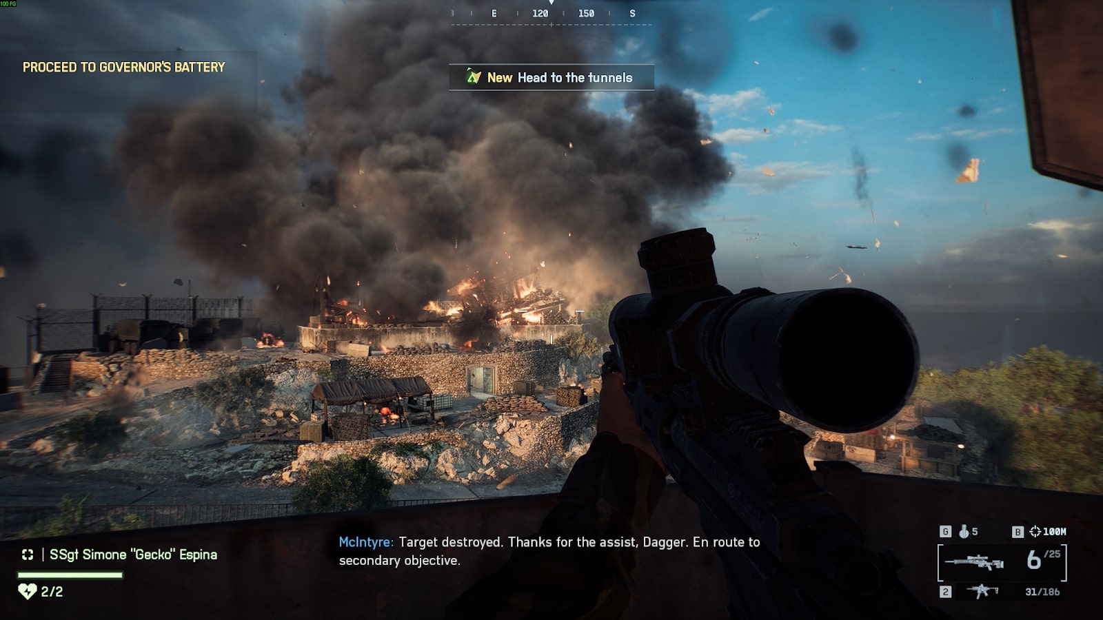 Player aiming with a sniper rifle toward a base engulfed in explosions and smoke during the “Proceed to Governor’s Battery” mission in Battlefield 6