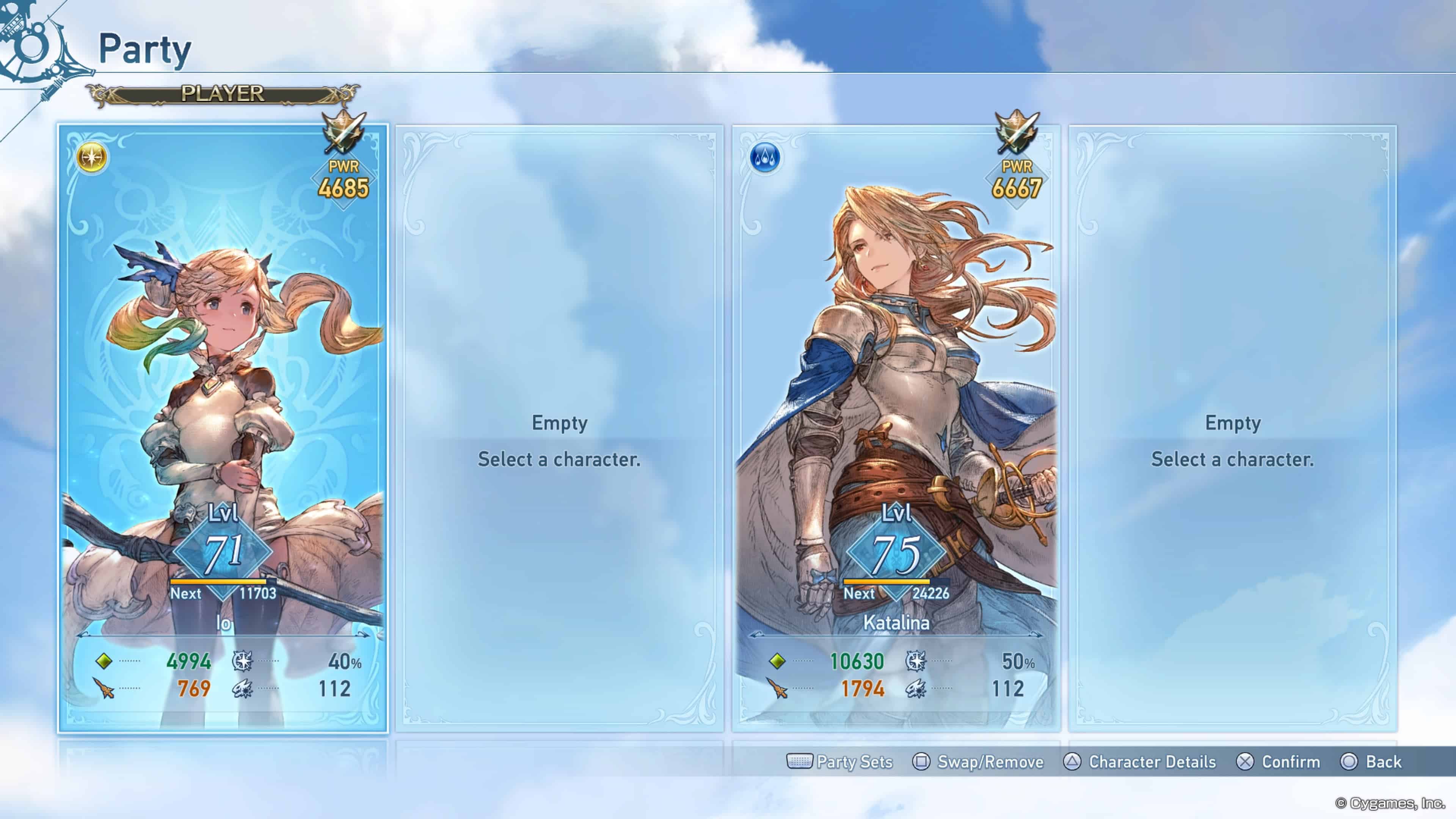 Changing characters in Granblue Fantasy Relink, showing Io and Katalina