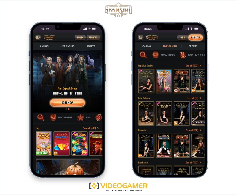 Mobile phones displaying different pages of the Gransino casino website