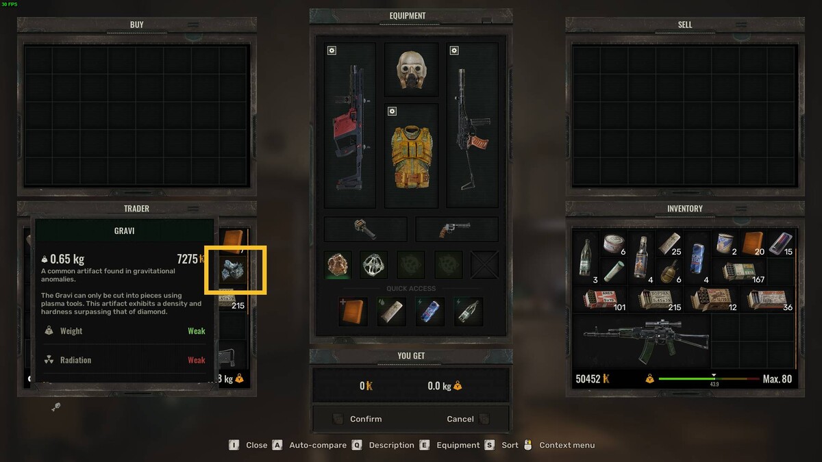 Stalker artifact locations: trader menu.