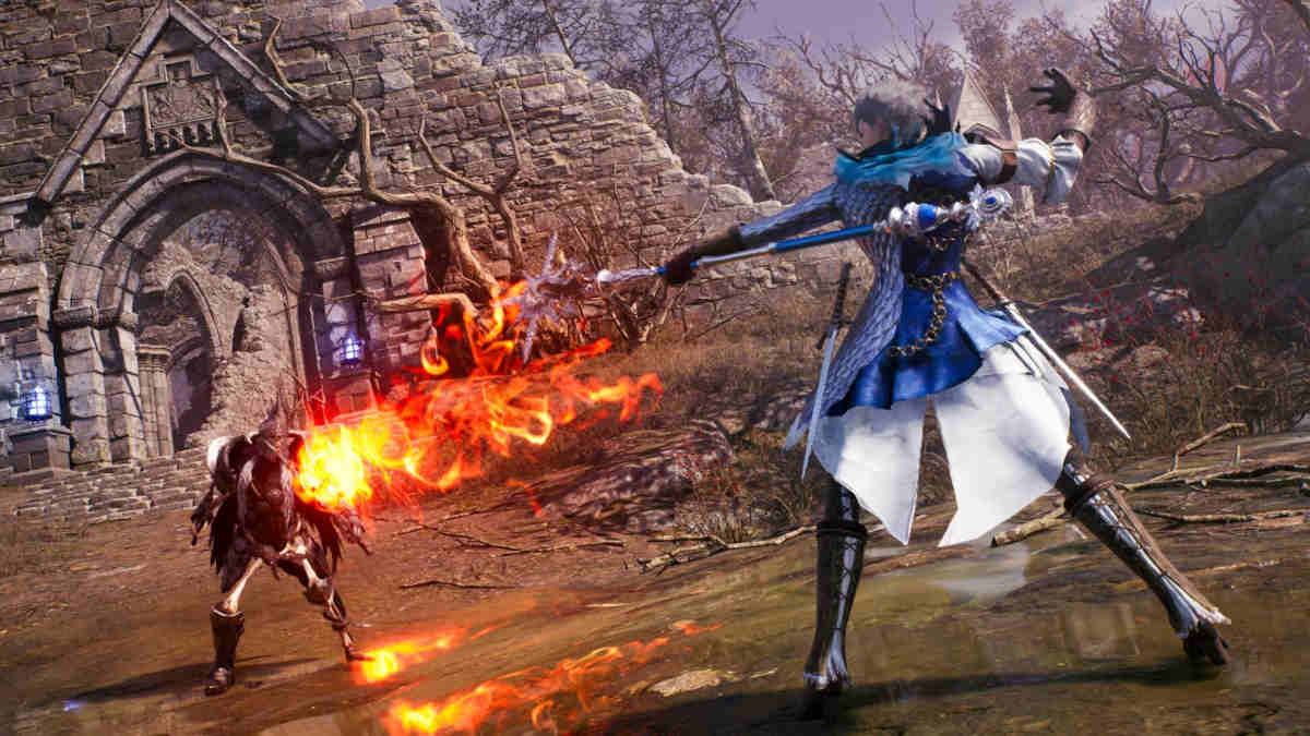 Great-Staff-Throne-and-Liberty: A picture of a mage launching a fireball from Throne and Liberty.
