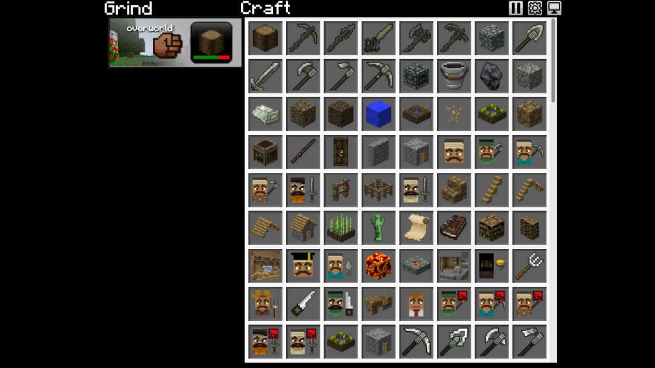 the menu screen of a idle game called grindcraft
