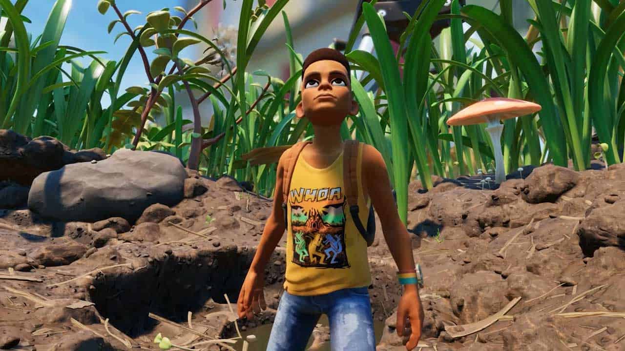A boy stands among plants in a field, awaiting Xbox's Grounded on Switch for cross-platform co-op.