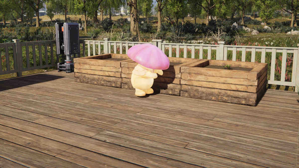 Growshroom Once Human: A mushroom creature working a farm in a game.