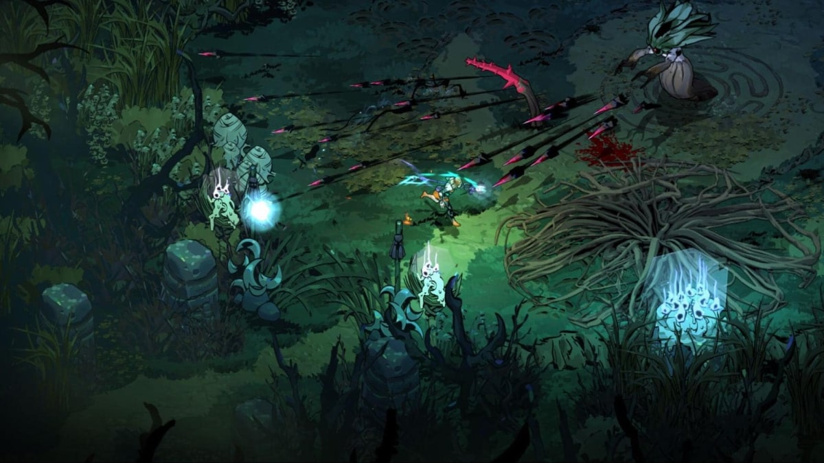 Melinoë battles a monstrous plant creature in a dark forest area in Hades 2, dodging deadly projectiles and using her glowing weapon amid eerie blue lights.
