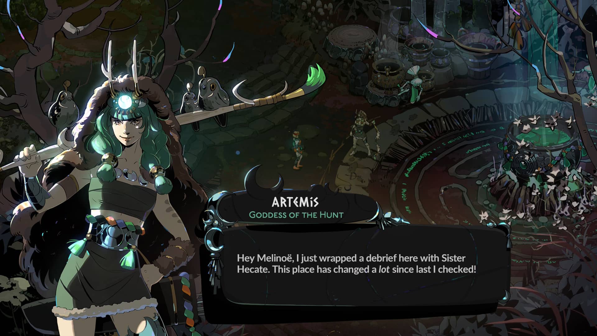 Artemis appears in Hades 2, offering her support and wisdom to Melenoë
