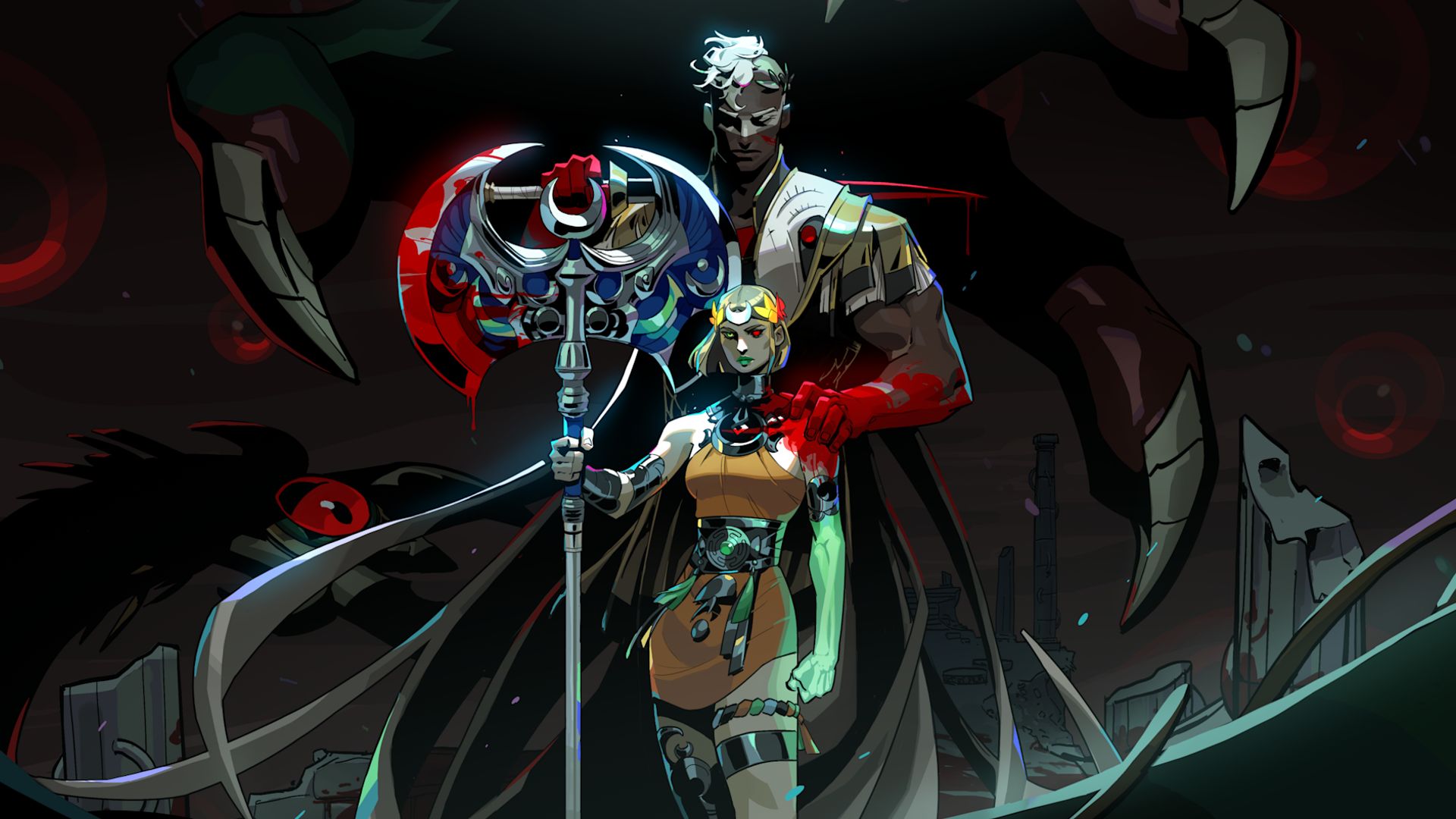 Hades 2 Melinoë with staff alongside Moros holding a large axe